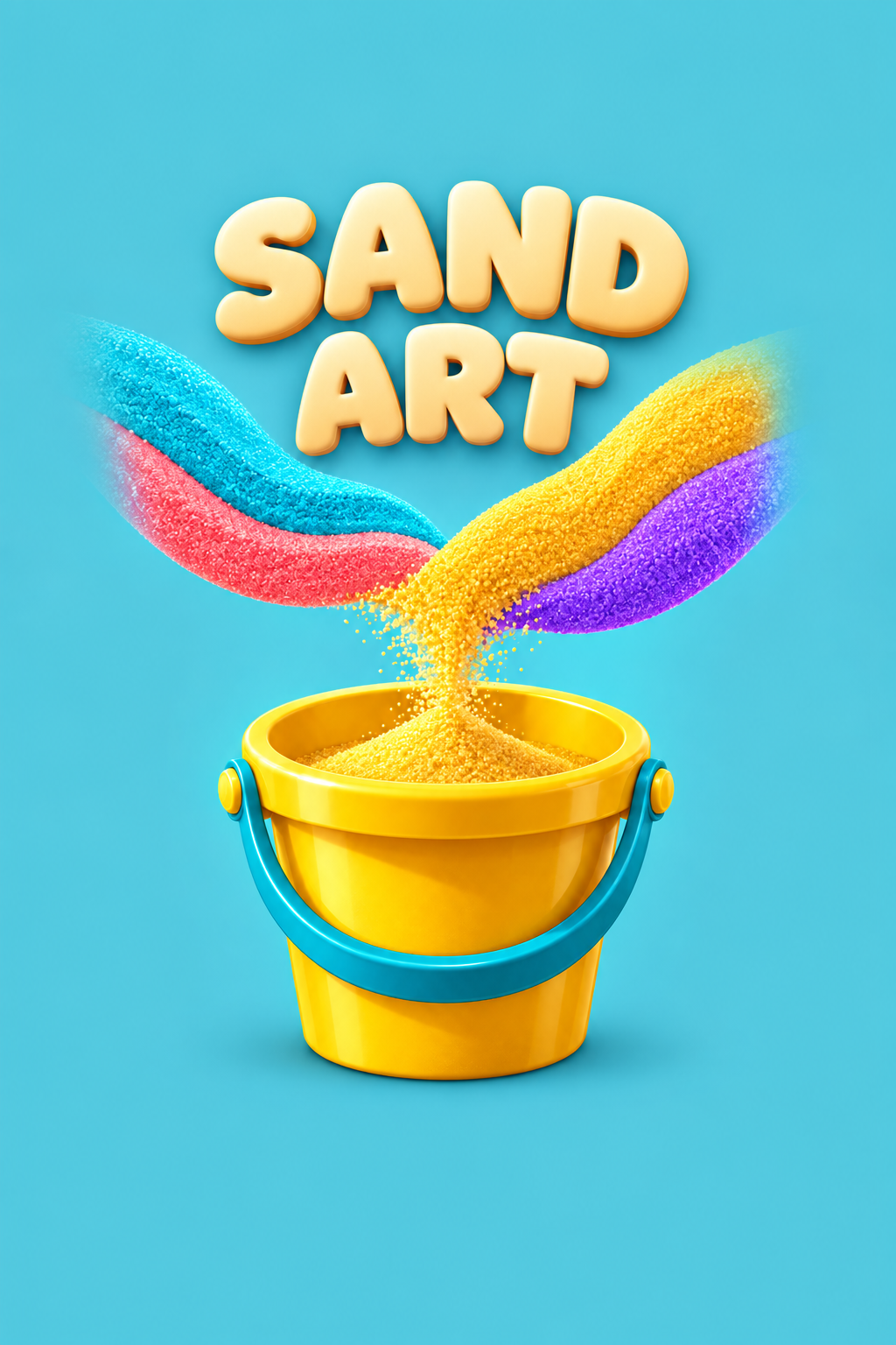 A yellow bucket catching ribbons of colorful sand